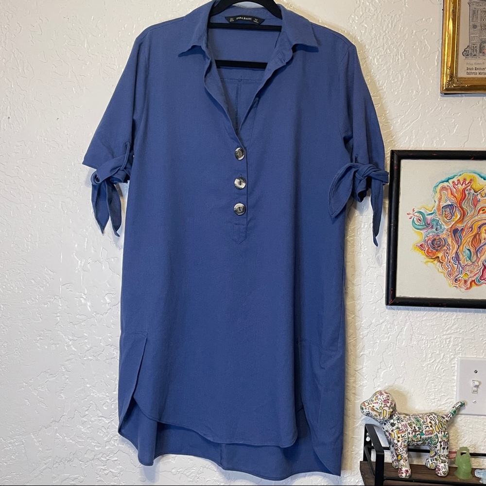 Zara Basic Linen Blue Shift Dress Tie Short Sleeve